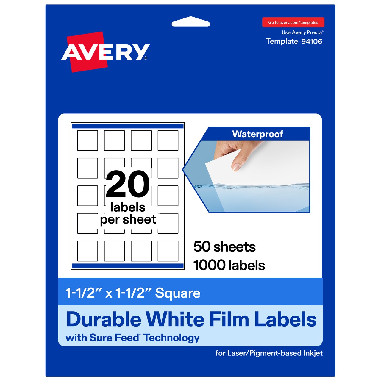 Avery Durable Waterproof Square Labels with Sure Feed, 1.5" x 1.5"